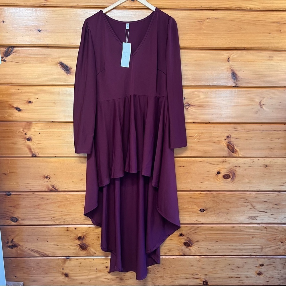 Rose Gal Women's Plus 3XL V Neck High Low Hem Peplum Long Tunic Blouses Burgundy